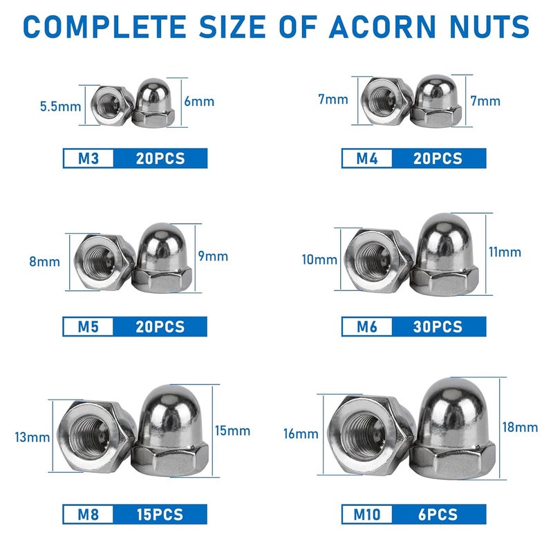 Vmuter Metric Kits Acorn Cap Nuts, 304 (18-8) Stainless Steel M3 M4 M5 M6 M8 M10 Dome Nuts for Furniture Automotive Marine Hardware, 111pcs - Image 2